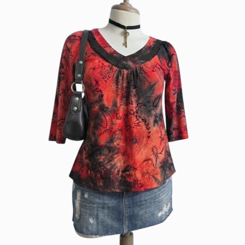 Vintage Whimsigoth Red Black Floral Paisley Sequin Large Blouse Retro 90's